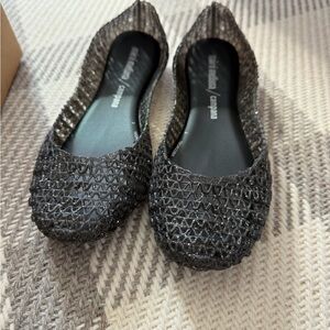 Mini Melissa black glitter mini campana jelly flats
